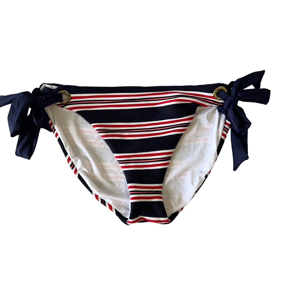 La Blanca Nautical Bikini Bottom Sz 12 Navy Red Striped‎ Side Tie Ribbed NWT